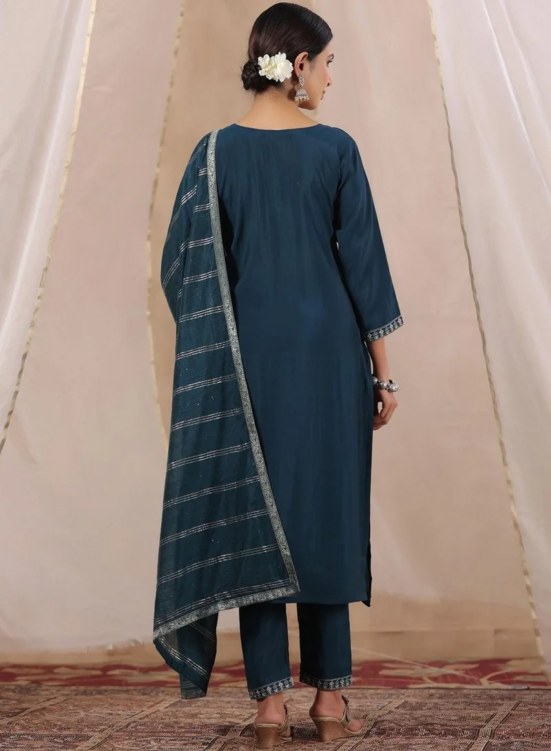 ISHIN Women's Navy Blue Silk Printed Tunic Full Length Palazzo Regular Fit Kurta Set