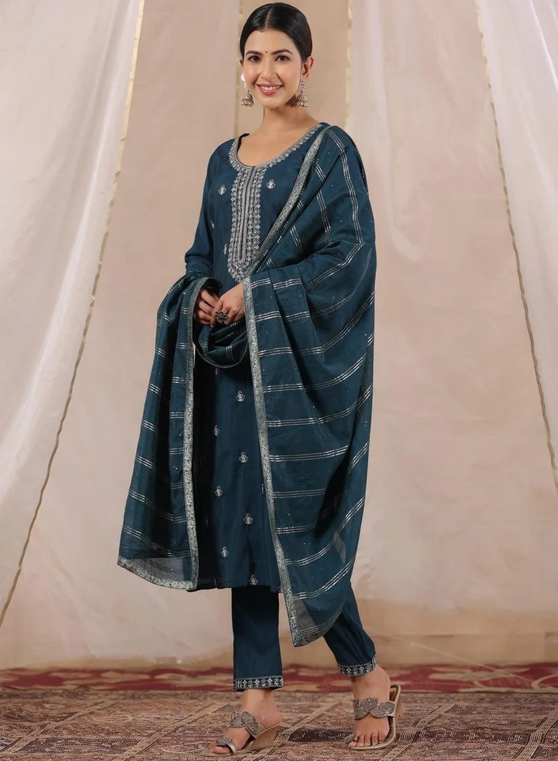 ISHIN Women's Navy Blue Silk Printed Tunic Full Length Palazzo Regular Fit Kurta Set