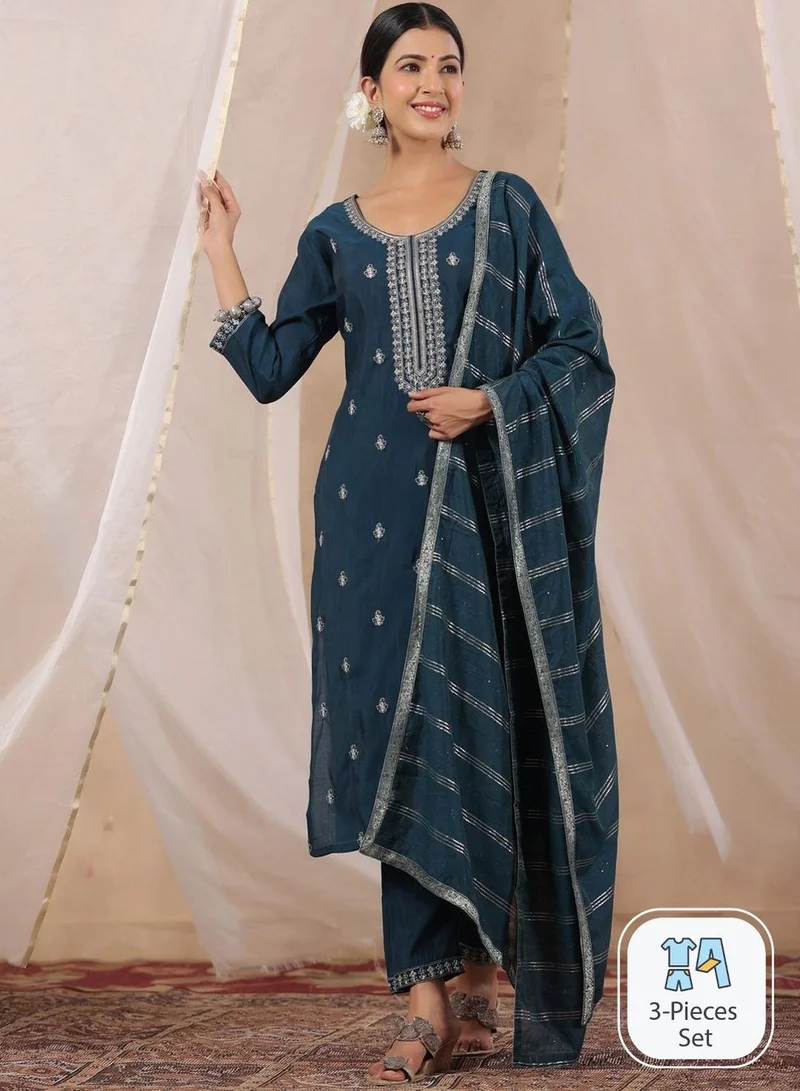 ISHIN Women's Navy Blue Silk Printed Tunic Full Length Palazzo Regular Fit Kurta Set