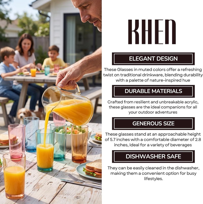Khen Colored Plastic Reusable Drinking Glasses | Set of 8 | Restaurant Style 16 oz Muted Acrylic Unbreakable Tall Tumbler, Juice, Wine Cups | BPA-Free Tumblers | Top-Rack Dishwasher Safe Shatterproof - Image 5
