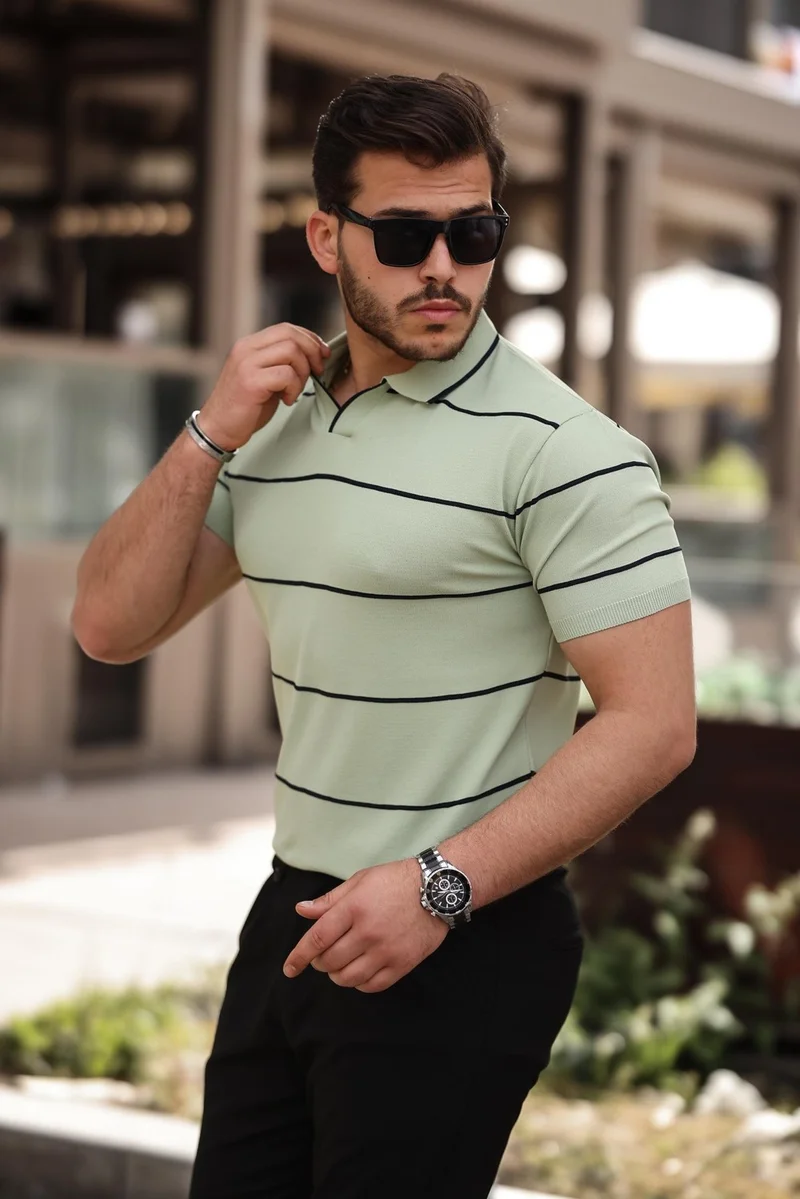 Miron Water Green Striped Knitwear Polo Neck T-Shirt - 2427