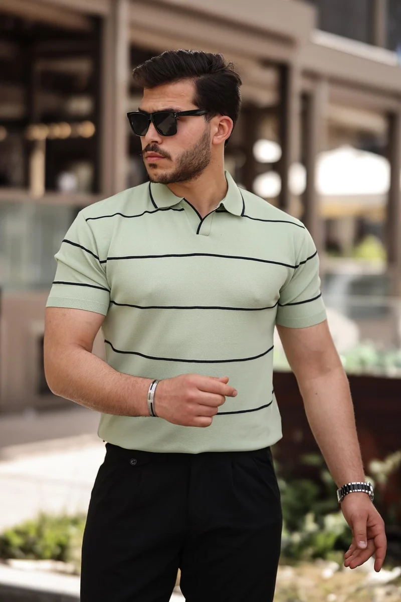 Miron Water Green Striped Knitwear Polo Neck T-Shirt - 2427
