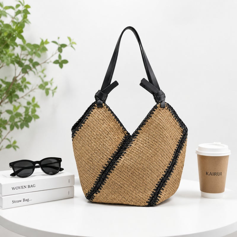 Women's Handwoven Striped Paper Tote Bag, Large Capacity - Image 1