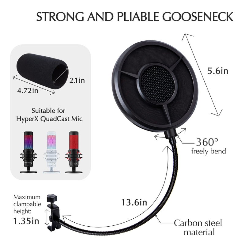 SUNMON Mic Pop Filter with Windsrceen Foam Cover,Compatible with HyperX QuadCast,6 Layered Wind Pop Screen with Flexible 360° Gooseneck Clip Stabilizing Arm for Improve sound quality,Noise reduction - Image 5