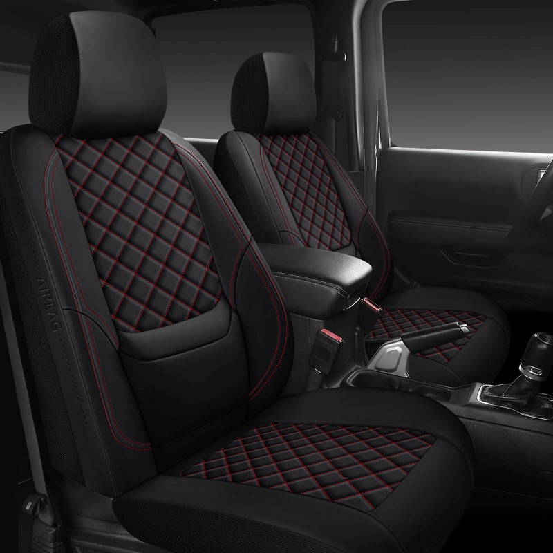 WENNFOUR Wrangler Seat Covers 2007-2026 Full Set, Waterproof Leather Interior Sets with Lumbar Support Custom Fit for Jeep Wrangler JK JL 4 Door Unlimited Sahara/Sport/Rubicon X 392 Willys, Black Red - Image 1
