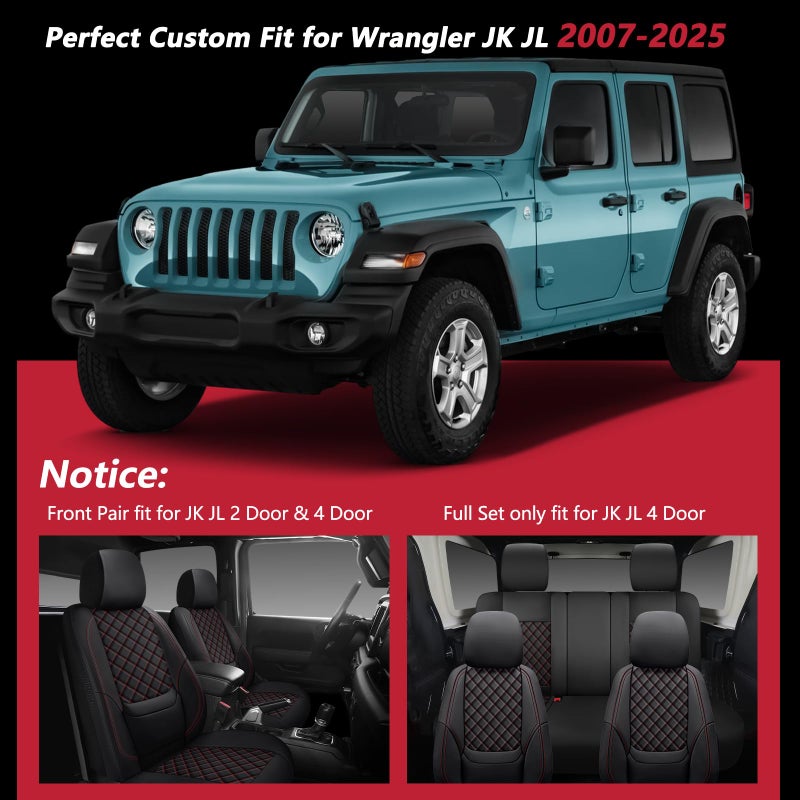 WENNFOUR Wrangler Seat Covers 2007-2026 Full Set, Waterproof Leather Interior Sets with Lumbar Support Custom Fit for Jeep Wrangler JK JL 4 Door Unlimited Sahara/Sport/Rubicon X 392 Willys, Black Red - Image 4