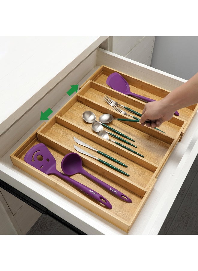Expandable Bamboo Drawer Organizer for Kitchen Cutlery and Utensils, Adjustable 5-Slot Storage  Tray - Image 5
