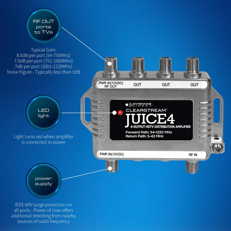 Antennas Direct ClearStream JUICE4 Distribution Amplifier, Output to 4 Televisions, CATV Systems, 4K 8K Ready â€“ w/Power Supply, Coaxial Cable (Silver) - Image 3