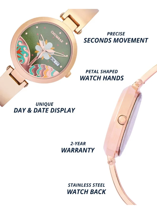 Chumbak Bloom Metal Watch | Rosegold with Green Dial