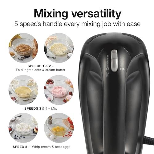Proctor Silex Easy Mix 5-Speed Electric Hand Mixer with Bowl Rest, Compact and Lightweight, 215 Watts of Peak Power, Storage Case, Black (62512) - Image 3