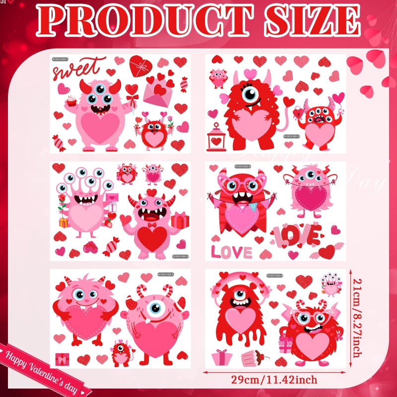 Haull 89 Pcs Valentine's Day Wall Decals Monster Stickers Valentines Day Window Clings Valentine Heart Wall Decoration for Wedding Anniversary Living Room Bedroom Decoration, 6 Sheets - Image 2