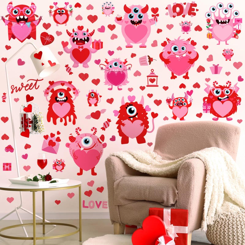 Haull 89 Pcs Valentine's Day Wall Decals Monster Stickers Valentines Day Window Clings Valentine Heart Wall Decoration for Wedding Anniversary Living Room Bedroom Decoration, 6 Sheets - Image 3