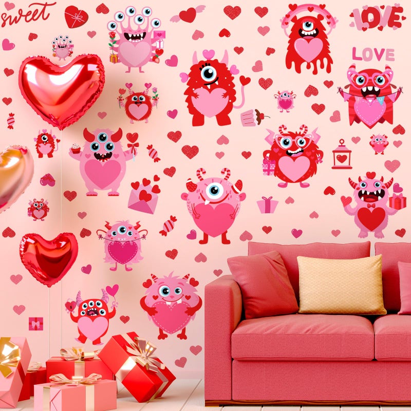 Haull 89 Pcs Valentine's Day Wall Decals Monster Stickers Valentines Day Window Clings Valentine Heart Wall Decoration for Wedding Anniversary Living Room Bedroom Decoration, 6 Sheets - Image 5
