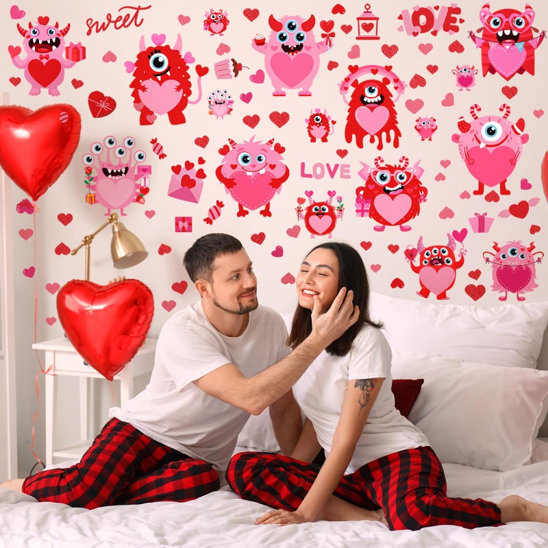 Haull 89 Pcs Valentine's Day Wall Decals Monster Stickers Valentines Day Window Clings Valentine Heart Wall Decoration for Wedding Anniversary Living Room Bedroom Decoration, 6 Sheets - Image 4