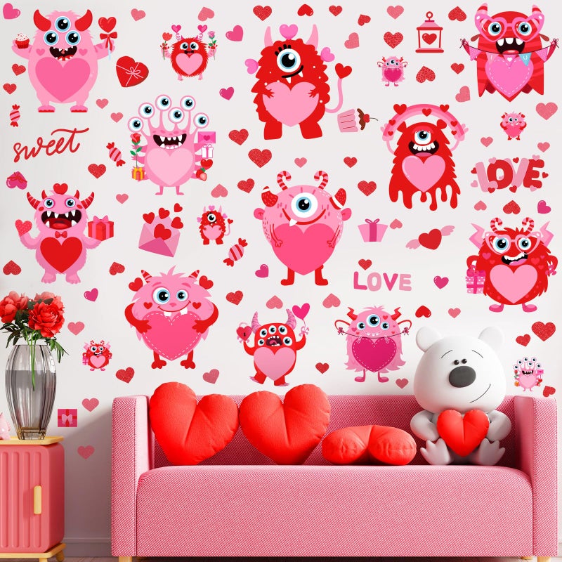 Haull 89 Pcs Valentine's Day Wall Decals Monster Stickers Valentines Day Window Clings Valentine Heart Wall Decoration for Wedding Anniversary Living Room Bedroom Decoration, 6 Sheets - Image 1