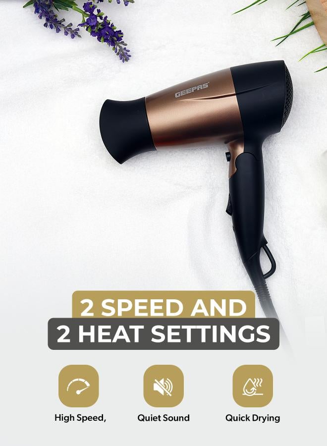GEEPAS GH8642 1600W Mini Hair Dryer With Foldable Handle - 2-Speed And 2 Temperature Settings, Cool Shot Function, Ideal For All Types Of Hairs Gold/Black - Image 3