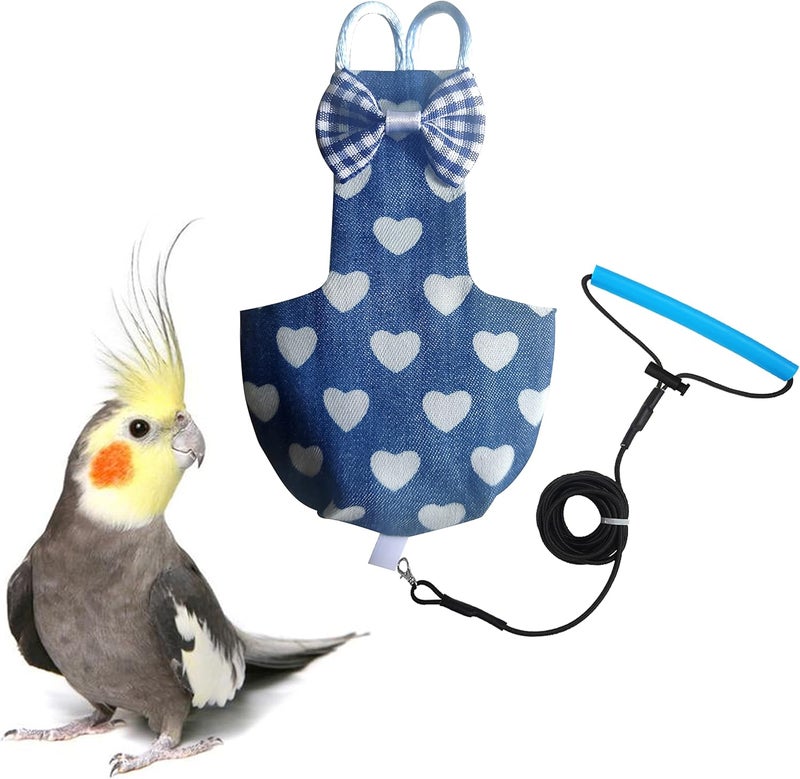 VANTRONIK VANFAVORI Bird Diaper Harness Flight Suit Clothes with 80 Inch Flying Leash for Parrots Cockatiel Pet Birds Including A Cotton Pad, S Size, Denim Heart - Image 1