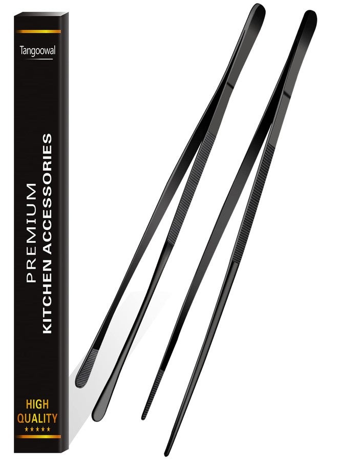 Tangoowal 2 Pcs 12-Inch Cooking Tweezers Tongs,Extra-Long Stainless Steel Kitchen Tweezer Tongs - Black - Image 1