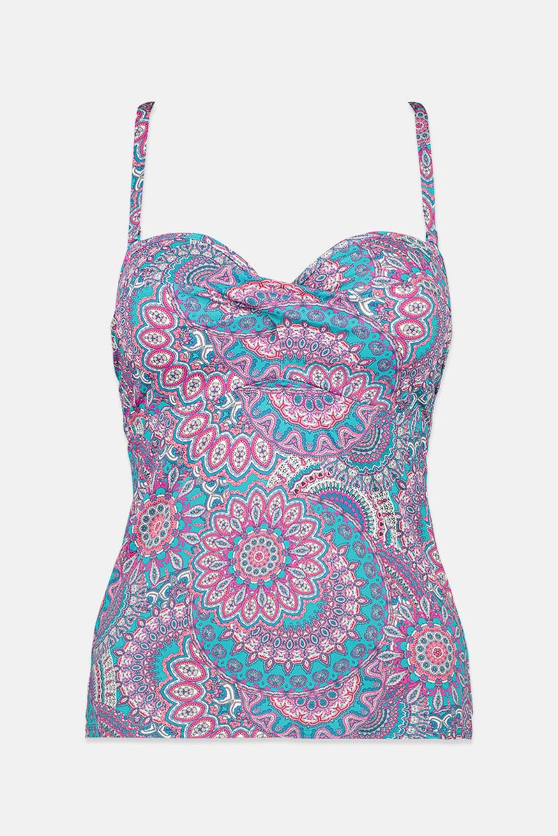 Women Padded Underwired Printed Tankini Top, Blue Combo