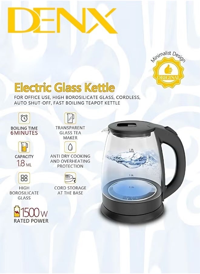Denx - Glass electric kettle, capacity 1.8 liters, 1500 watts - Image 1