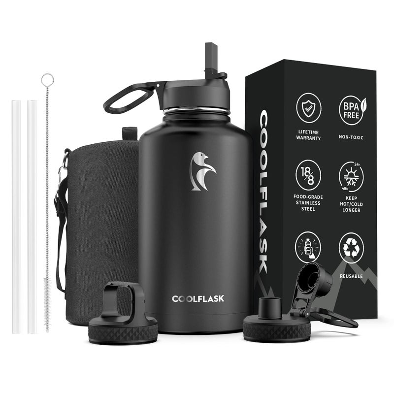 Coolflask 64 oz Water Bottle Insulated with Straw & 3 Lids, Coolflask Large Metal Stainless Steel Water Jug Big Half Gallon Wide Mouth for Sports, Gym or Office, Non-BPA Keep Cold 48H Hot 24H, Magic Black - Image 1