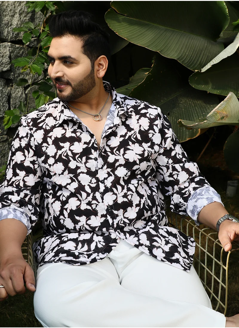 انستافاب بلس Instafab Plus Men's Black & White Everbloom Regular Shirt For Casual Wear | Spread Collar | Long Cuffed Sleeves | Button Closure | Plus Size Shirt Crafted With Comfort Fit For Everyday Wear