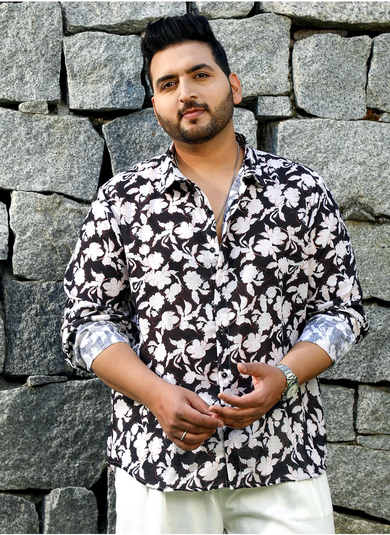 انستافاب بلس Instafab Plus Men's Black & White Everbloom Regular Shirt For Casual Wear | Spread Collar | Long Cuffed Sleeves | Button Closure | Plus Size Shirt Crafted With Comfort Fit For Everyday Wear