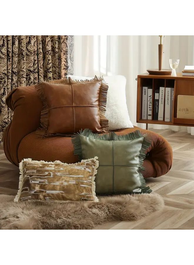 Vintage Tassel Faux Leather Pillow Cover Tumbled Green 17 72x17 72 Inch - Image 2