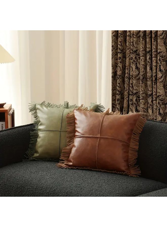 Vintage Tassel Faux Leather Pillow Cover Tumbled Green 17 72x17 72 Inch - Image 1