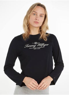TOMMY HILFIGER Women's Long Sleeve Logo T-Shirt, Navy  - Image 1