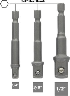 GSK Cut GSK Cut 3Piece Power Adapter Extension Bit Set Inch Hex Shank to Drive Sizes 14 38 12 CRV Quick Change Nut Socket Adapters to Use with Drill Chucks or Screw Impact Drivers  - Image 2