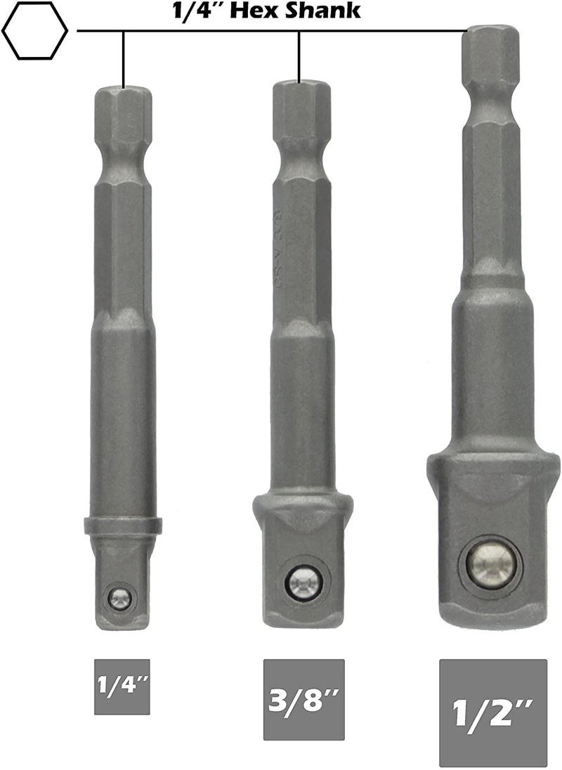 GSK Cut - GSK Cut 3Piece Power Adapter Extension Bit Set Inch Hex Shank to Drive Sizes 14 38 12 CRV Quick Change Nut Socket Adapters to Use with Drill Chucks or Screw Impact Drivers - Image 1