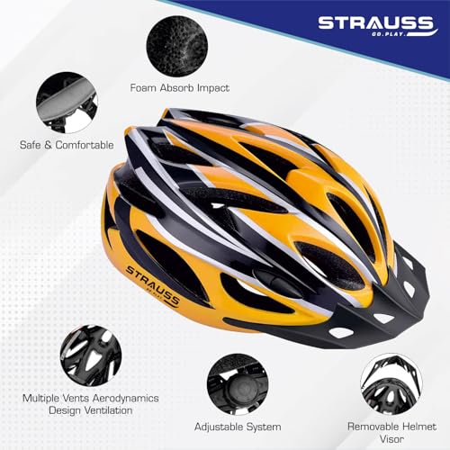 Strauss Adjustable Cycling & Skating Helmet with Detachable Visor | Light Weight with Superior Ventilation | Adjustable Strap with Comfortable Chin Padding | Ideal for Men, Women & Kids (Black/Yellow) - Image 3