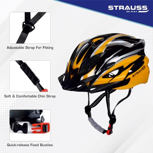 Strauss Adjustable Cycling & Skating Helmet with Detachable Visor | Light Weight with Superior Ventilation | Adjustable Strap with Comfortable Chin Padding | Ideal for Men, Women & Kids (Black/Yellow) - Image 2