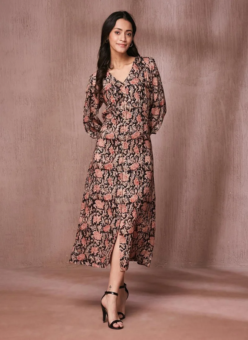 Fabindia Black Viscose Kalamkari Printed Midi Dress