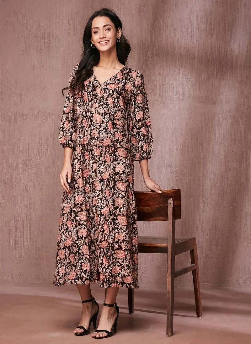 Fabindia Black Viscose Kalamkari Printed Midi Dress