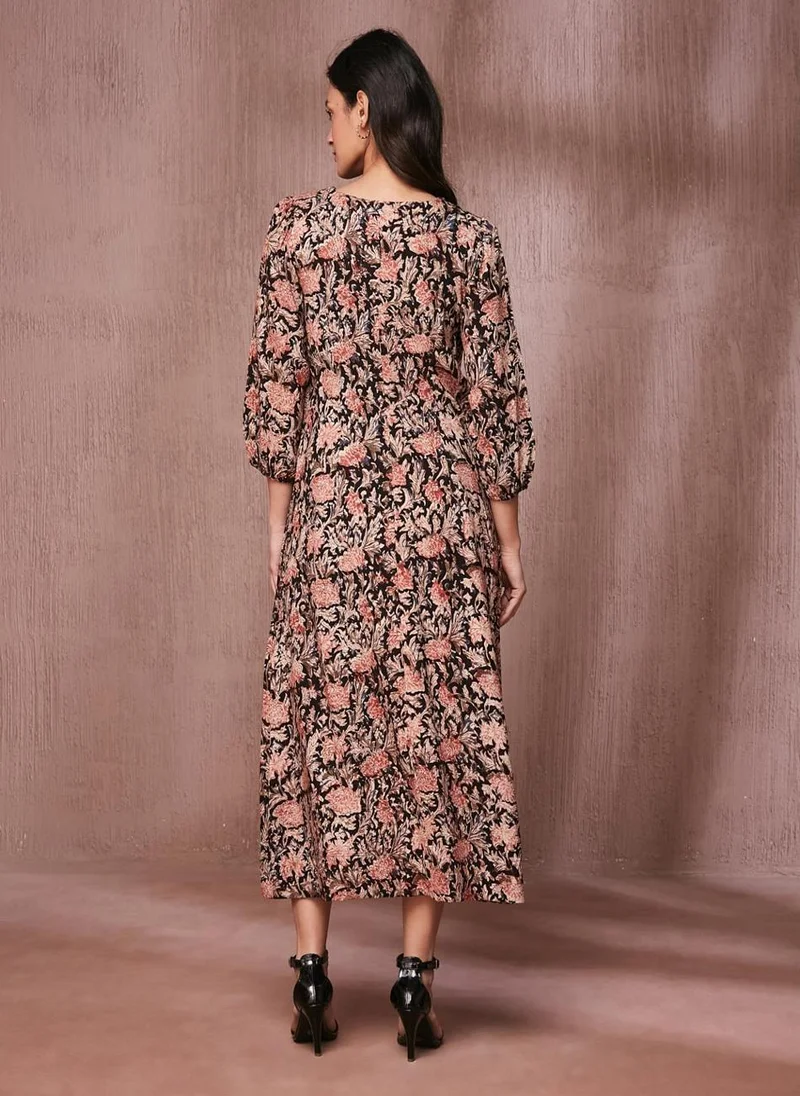 Fabindia Black Viscose Kalamkari Printed Midi Dress