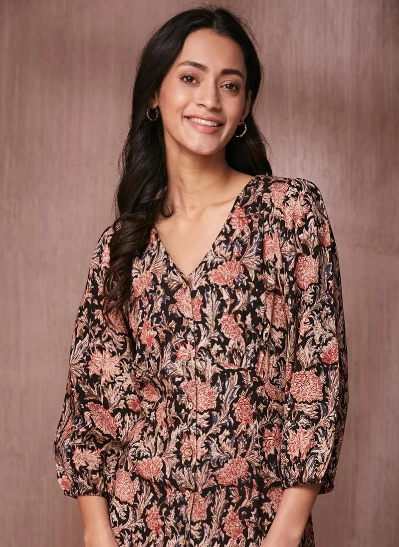 Fabindia Black Viscose Kalamkari Printed Midi Dress