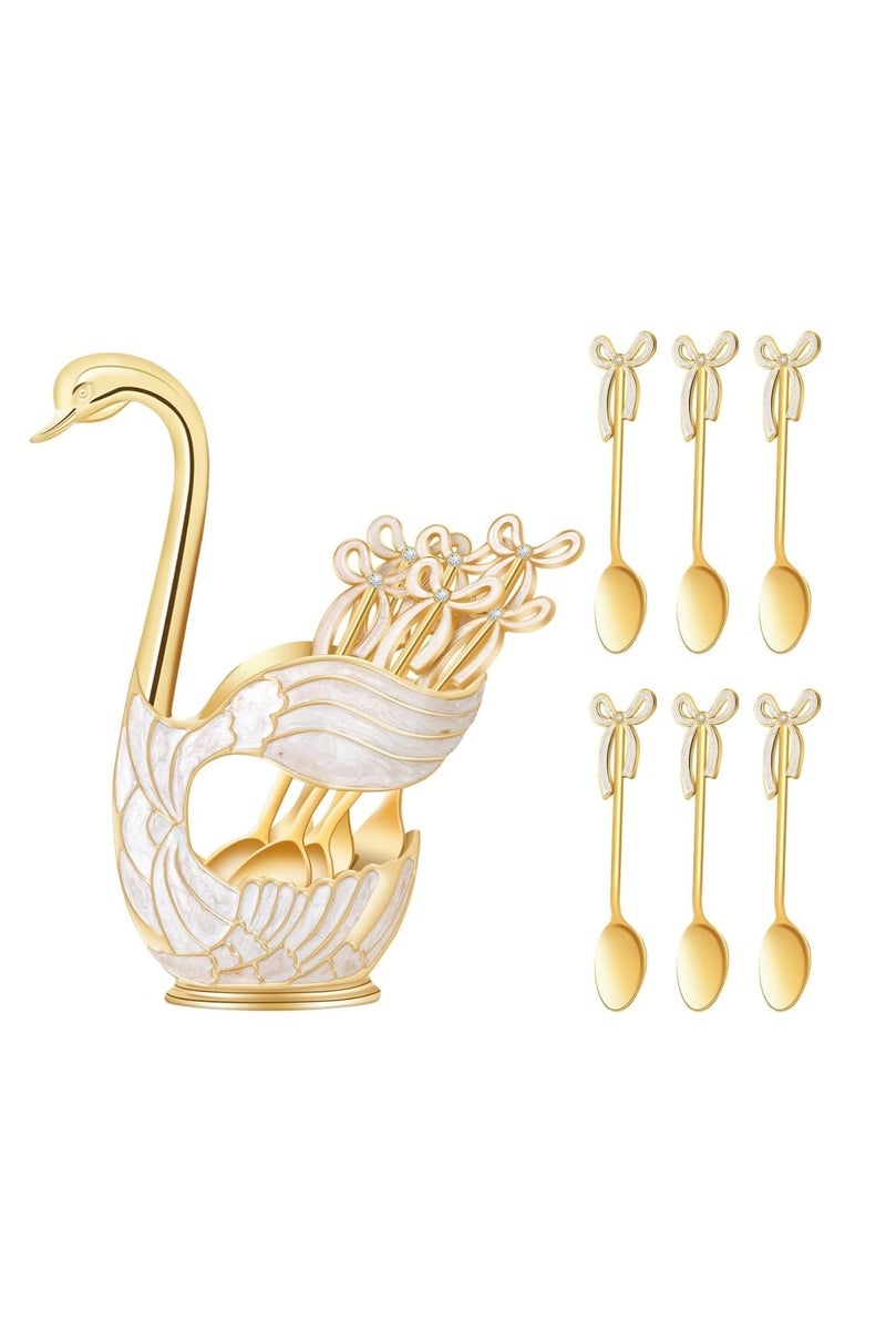 UKR 6-Piece Gold Swan Dessert Spoon Set Stainless Steel Mini Spoons with Elegant Swan Holder Luxury Golden Tea & Dessert Spoons for Coffee, Fruit, Sugar, Ice Cream, Parties & Gifting - Image 1