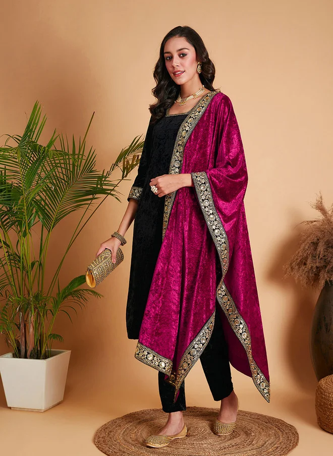 SASSAFRAS Velvet Sequinned Dupatta With Embellished Border For Women