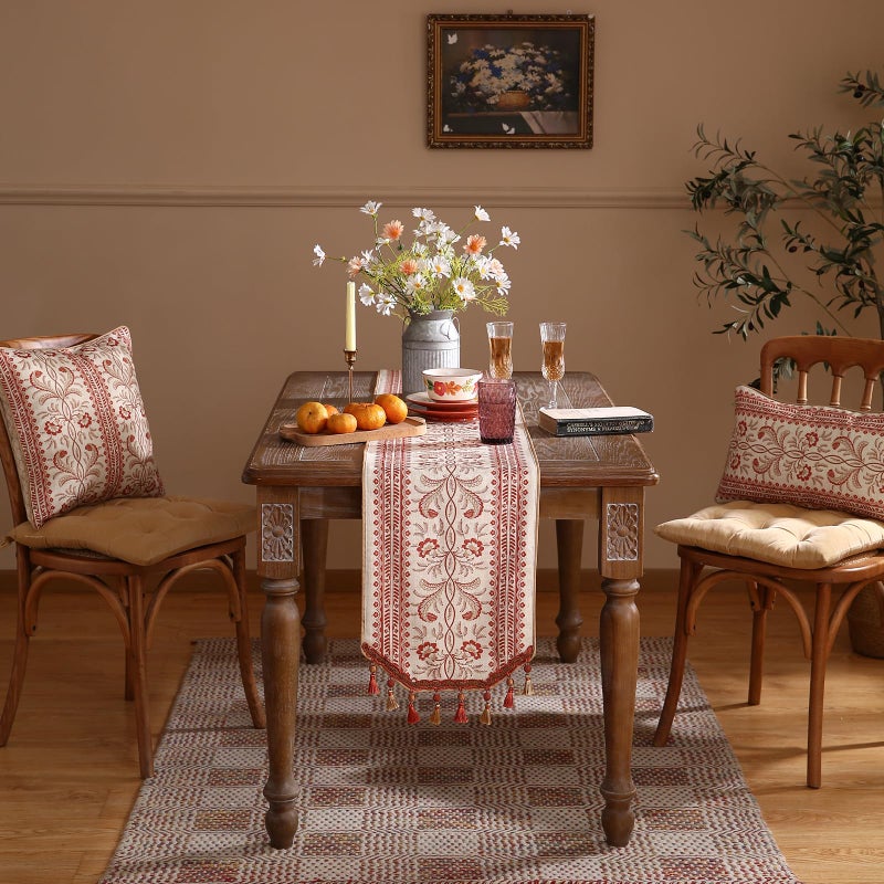ISAENNE Designer Vintage Linen Table Runner 71 Inches Long,Red Floral Pattern Modern Decor Table Runners for Dining Tables,Thanksgiving,Kitchen Tables,Christmas,Banquet,12"*71"-Chamonix A - Image 3