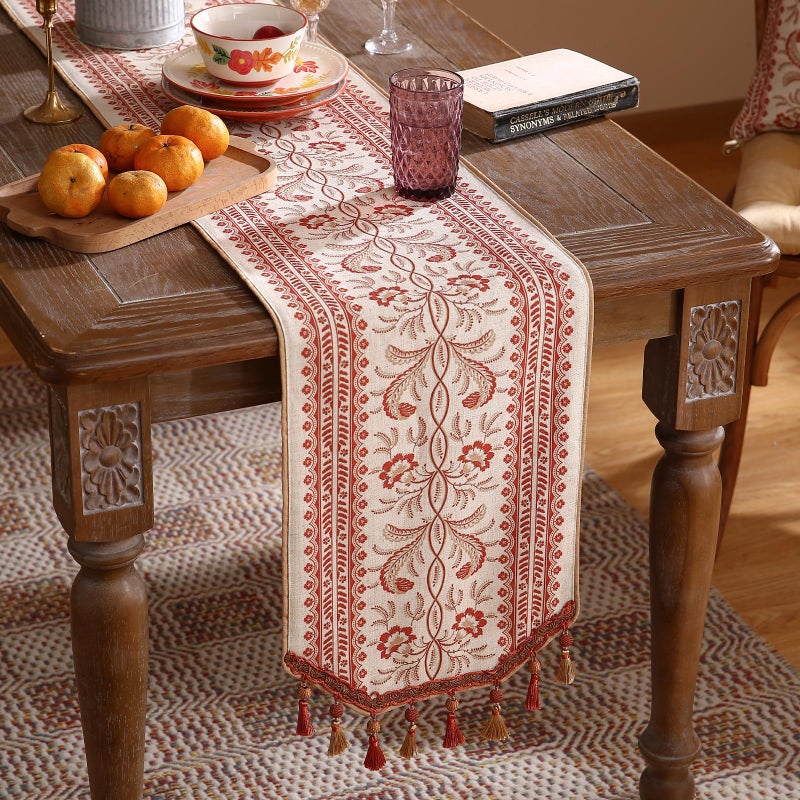 ISAENNE Designer Vintage Linen Table Runner 71 Inches Long,Red Floral Pattern Modern Decor Table Runners for Dining Tables,Thanksgiving,Kitchen Tables,Christmas,Banquet,12"*71"-Chamonix A - Image 2