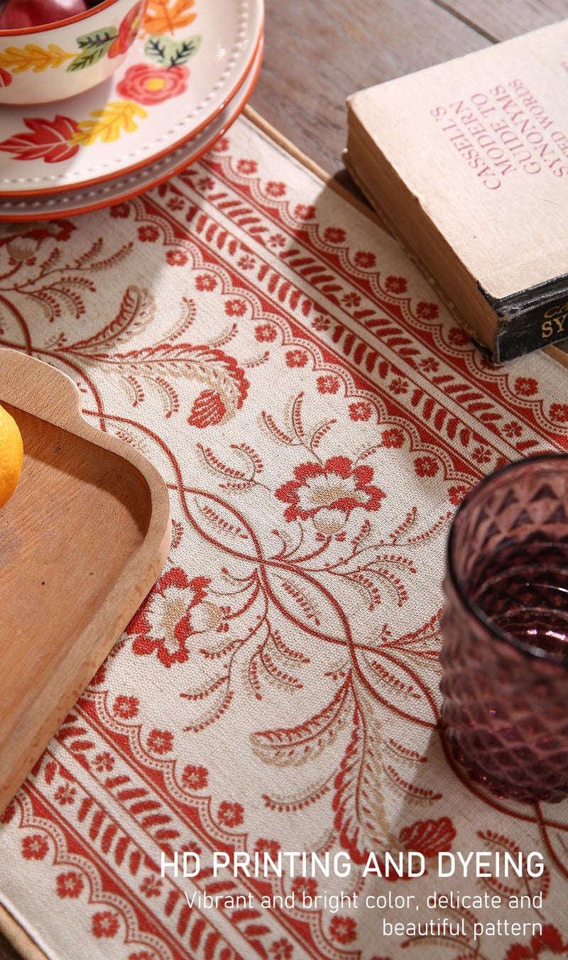 ISAENNE Designer Vintage Linen Table Runner 71 Inches Long,Red Floral Pattern Modern Decor Table Runners for Dining Tables,Thanksgiving,Kitchen Tables,Christmas,Banquet,12"*71"-Chamonix A - Image 4