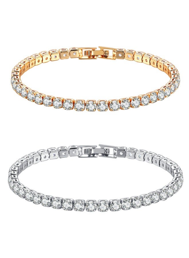 HAWAWA 2pcs Tennis Bracelets for Women White Gold Plated AAA+ Cubic Zirconia CZ Dainty Classic Bracelet Tennis Link Chain Bracelet Charm Jewelry Gifts for Women Silver - Image 1