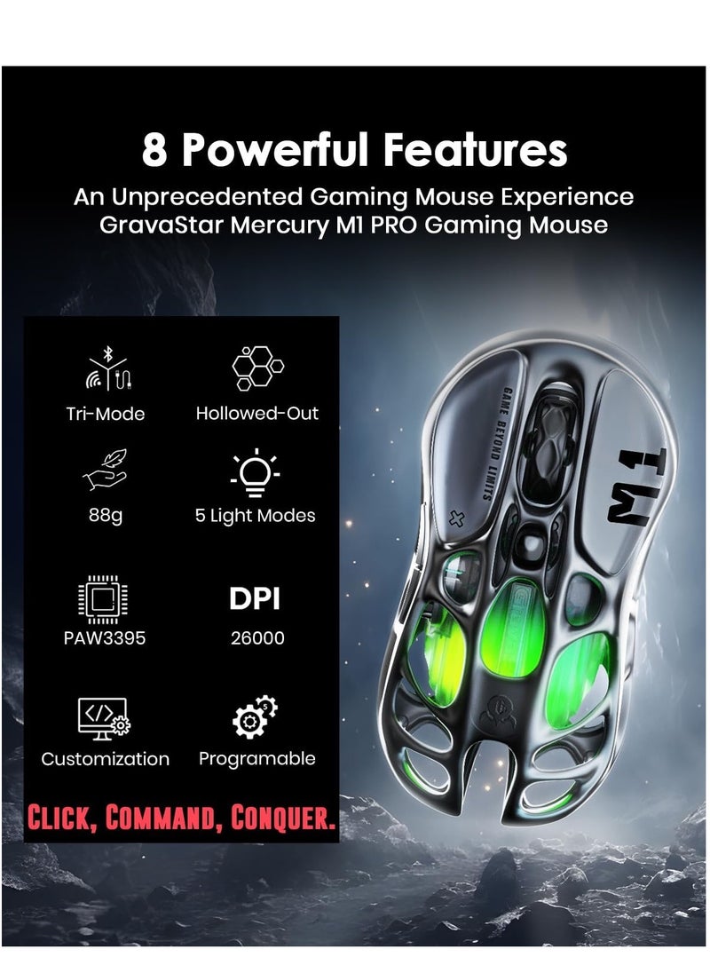 GravaStar  Mercury M1 Pro Wireless Gaming Mouse Gunmetal Grey, PAW3395 sensor, 200/146 Hours Battery Life, 650 IPS Maximum Acceleration, 26000 DPI High-Resolution Sensitivity.