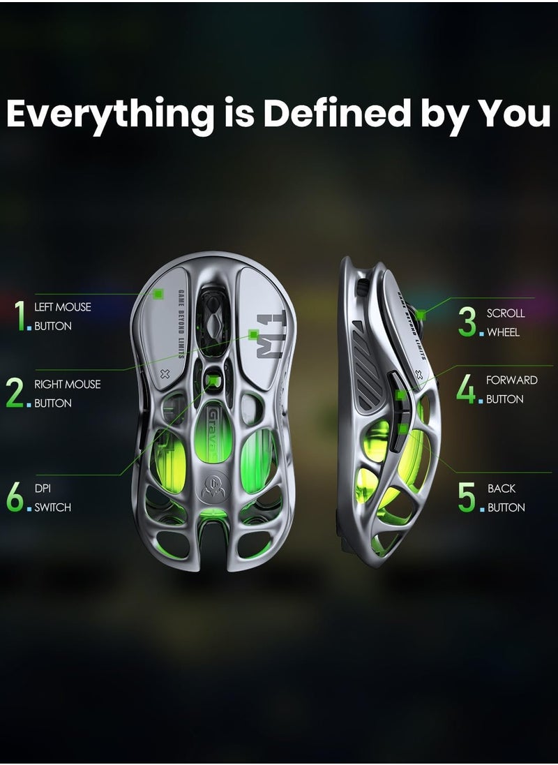 GravaStar  Mercury M1 Pro Wireless Gaming Mouse Gunmetal Grey, PAW3395 sensor, 200/146 Hours Battery Life, 650 IPS Maximum Acceleration, 26000 DPI High-Resolution Sensitivity.