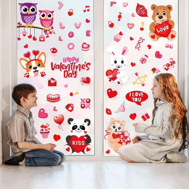 وولاين Whaline 9 Sheet Valentine Window Window Clings جميل الحيوانات نافذة شارات الشرقان على الوجهين على الوجهين اللطيف ديكور نافذة الكارتون لعيد العيد الذكرى السنوية للمكاتب المنزلية لوازم الحفلة - Image 2