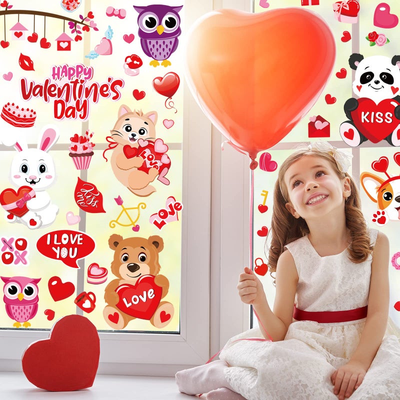 وولاين Whaline 9 Sheet Valentine Window Window Clings جميل الحيوانات نافذة شارات الشرقان على الوجهين على الوجهين اللطيف ديكور نافذة الكارتون لعيد العيد الذكرى السنوية للمكاتب المنزلية لوازم الحفلة - Image 3