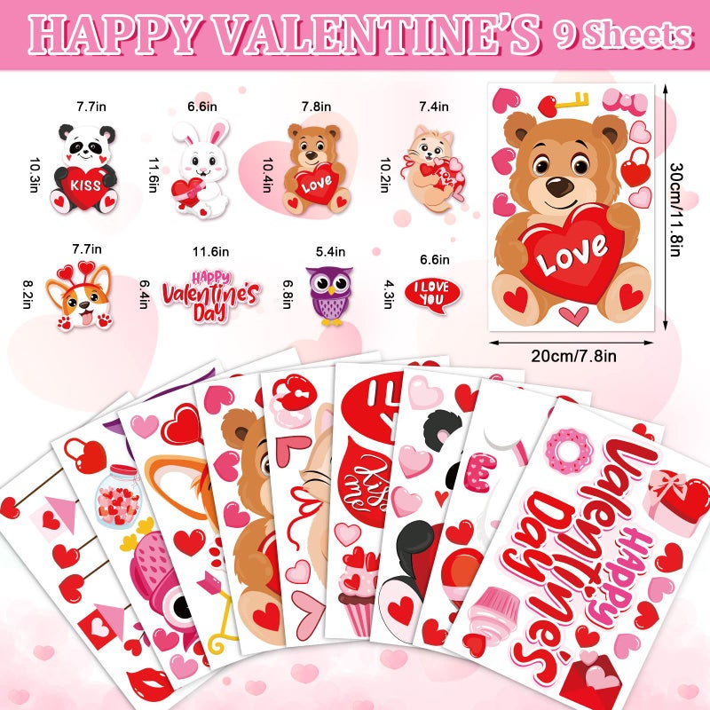 وولاين Whaline 9 Sheet Valentine Window Window Clings جميل الحيوانات نافذة شارات الشرقان على الوجهين على الوجهين اللطيف ديكور نافذة الكارتون لعيد العيد الذكرى السنوية للمكاتب المنزلية لوازم الحفلة - Image 5