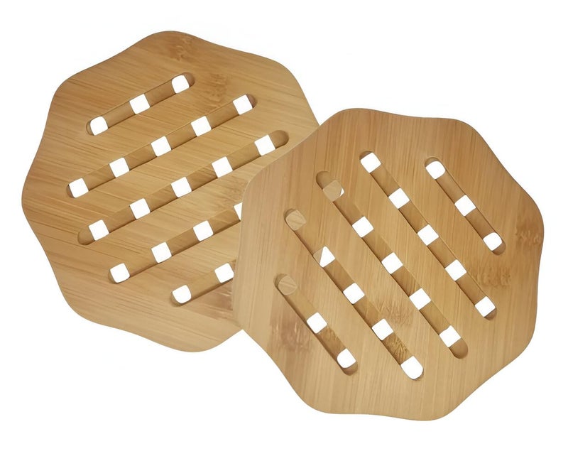 PRAMANTA Dining Table Heat Pad for Kitchen Bamboo Coasters for Home Pan Pot Holder Heat Resistant Wooden Trivet Pan Pot Tawa Kadai Cooker Holder Coasters 2Pcs - Image 1